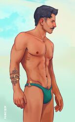 1boy artist_name balls ballsack bara body_hair dark-skinned_male dark_hair dark_skin dilf dorian_pavus dragon_age dragon_age_inquisition facial_hair foreskin gay_male human kauriart mage male male_nipples male_only male_pubic_hair masculine masculine_male mature_male muscular muscular_male mustache nipples nude nude_male pubic_hair scrotum snake_ornament solo testicles underwear underwear_only yaoi