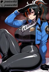 1girl ai_generated belt black_belt black_gloves black_hair black_necktie black_pants black_vest blue_jacket breasts clothing collared_shirt cropped_jacket curvy female gloves hair_between_eyes huge_breasts jacket jennieart02 knee_up large_breasts long_hair long_sleeves multicolored_hair necktie open_clothes open_jacket pants patreon patreon_logo patreon_username police police_badge police_uniform policewoman ponytail red_background red_eyes red_hair salute shirt sitting solo streaked_hair sweat thick_thighs thighs twitter twitter_username two-tone_hair uniform vest watermark white_shirt