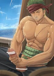 1boy balls ballsack bandana bandana_on_head bara bara_body bara_tiddies bara_tits barazoku beefy big_dick_energy big_penis bigger_male broad_shoulders collarbone cum cumming cumming_from_masturbation cumshot defined_muscles earrings ejaculation erect_penis erection fat_cock gay girthy_penis grabbing_penis green_hair green_pubic_hair haramaki huge_cock hunk japanese_male large_penis larger_male long_penis male male_focus male_only manly masculine_male masturbating masturbation muscles muscular muscular_male ocean one_piece pecs pecs_bigger_than_head pectorals penis pirate post-timeskip pubic_hair public public_indecency roronoa_zoro scar scar_across_eye scar_on_chest scar_on_face scars sea ship_deck solo solo_focus solo_male tall_male taller_male tough_guy trapezius waves wonart yaoi