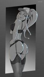 1girls 2d 2d_(artwork) almost_naked ass baseball_cap dragon_ball dragon_ball_xenoverse dragon_ball_z female female_majin female_only hat kria_(pensubz) lingerie lingerie_only looking_at_viewer looking_back majin mostly_monochrome oc original_character pensubz smirk smirking solo solo_female tentacle_hair