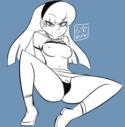 1girl ankle_boots arms_behind_back artist_name blue_background blue_theme boots breasts clothes_lift dc dc_comics dcau female_pubic_hair hairband inkershike long_hair looking_at_viewer medium_breasts monochrome navel nipples panties pubic_hair pubic_hair_peek shirt_lift simple_background sitting sketch skirt smile solo spread_legs supergirl superman_(series) underwear