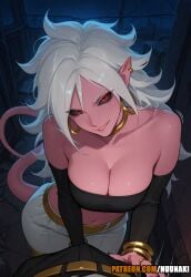 1boy 1girl ai_generated android_21 android_21_(evil) anime artist_name bare_shoulders black_nails black_sclera bracelet breasts bulge cleavage collarbone colored_sclera colored_skin crop_top crotch_grab detached_sleeves dragon_ball dragon_ball_fighterz dragon_ball_z earrings erection erection_under_clothes harem_pants hetero hi_res high_quality high_resolution highres hoop_earrings jewelry large_breasts long_hair looking_at_viewer majin_android_21 midriff navel nuunaki pants patreon patreon_logo patreon_url patreon_username pink_skin pointy_ears pov red_eyes smile solo_focus strapless tail tube_top watermark white_hair