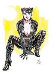 1girls 2018 areola_slip areolae batman_(series) big_breasts black_hair breasts catwoman dc_comics female female_only geckup nipples solo traditional_media_(artwork)