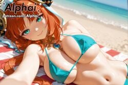 1girl 2025 2026 4k absurd_res absurdres ai ai-created ai-generated ai_art ai_assisted ai_generated alphai beach beach_background beach_towel bikini bikini_top blushing bra breasts_closeup breasts_focus cinematic_lighting cleavage close-up colorful_background curvy curvy_body curvy_female curvy_figure depth_of_field detailed_hair detailed_skin detailled_background dramatic_shadows erect_nipples eyebrows eyelashes eyeliner female_face flower_in_hair genshin_impact green_eyes high_quality high_resolution highres hoyoverse jewelry looking_at_viewer lying mihoyo naughty_face navel nilou_(genshin_impact) nipple_bulge nipples orange_hair particles patreon patreon_link patreon_url patreon_username raised_eyebrows seductive_eyes sideboob small_breasts smile solo solo_focus sweat thick thin_waist underboob underwear volumetric_lighting voluptuous voluptuous_female watermark