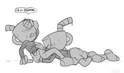 ... animate_inanimate bottomless brother brothers closed_eyes clothed clothed_sex clothing cuphead cuphead_(game) dialogue duo english_text fellatio gay gay_domination gay_male gay_sex gloves greyscale humanoid humanoid_on_humanoid incest legwear lying male monochrome mugman object_head on_front oral reclining sex shame shorts sibling side_view simple_background socks text toxic-boner video_games white_background yaoi