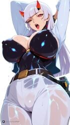 1girl ai_generated arms_behind_head arms_up artist_name bangs belt blizzard_entertainment blunt_bangs breasts cameltoe covered_nipples from_below horns huge_breasts large_breasts long_hair looking_at_viewer mole mole_under_eye open_mouth overwatch overwatch_2 overwatch_archives overwatch_league pants patreon questionable red_eyes see-through sheath shion simple_background solo sword tight weapon wet wet_clothes white_background