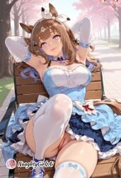 1girl ai_generated almond_eye_(umamusume) animal_ears armpits arms_behind_head arms_up bench blue_dress blue_eyes blue_footwear blue_hair blush breasts brown_hair cherry_blossoms cleavage cleft_of_venus detached_sleeves dress hair_ornament horse_ears horse_girl horse_tail large_breasts long_hair looking_at_viewer multicolored_hair naughtygirlsai no_panties outdoors pussy shoes smile solo symbol-shaped_pupils tail thighhighs tree umamusume umamusume_pretty_derby uncensored white_thighhighs