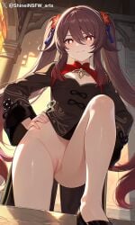 1girls ai_generated brown_hair genshin_impact hu_tao_(genshin_impact) leg_up pussy red_eyes shineinsfw smile solo uncensored uncensored_pussy