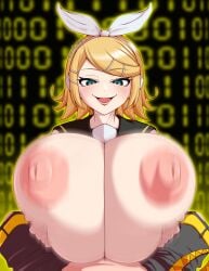 1boy 1girls bambayaaga bare_shoulders binary_code black_sailor_collar black_shorts blonde_hair blue_eyes breasts_squeezed_together hair_bow hairclip headphones hetero huge_breasts incest kagamine_len kagamine_rin male_pov motion_blur nipples open_mouth outer_glow paizuri pov shirt shirt_lift shorts siblings skindentation smug vocaloid white_bow white_shirt yellow_belt