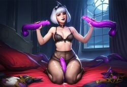 ai_generated bed bedroom black_bra black_lipstick black_panties choker clothes_on_floor crown cum cum_on_breasts cum_on_thighs double_handjob handjob heroes_of_the_storm lace_panties moon moonlight motion_lines night orphea red_eyes short_hair thighjob white_hair