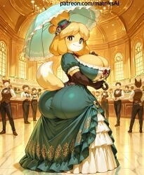 ai_generated animal_crossing anthro big_ass big_breasts bimbo blonde_hair boobs breasts canine cleavage dog dog_ears dog_girl dog_tail dress female fluffy furry giant_ass giant_breasts gigantic_ass gigantic_breasts huge_ass huge_breasts hyper_breasts isabelle_(animal_crossing) large_ass large_breasts matriksai victorian_dress
