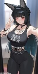 1girl ai_generated animal_ears anime_style arm_tattoo bbc_addict black_clothes black_crop_top black_hair blacked_queen blacked_wrld blush body_writing choker curvy explicit heavy_makeup highres hoshimi_miyabi huge_ass huge_breasts indoors large_breasts long_hair mirror_selfie peace_sign red_eyes solo standing submissive_female tattoo thick_thighs v_sign voluptuous wide_hips wolf_ears zenless_zone_zero