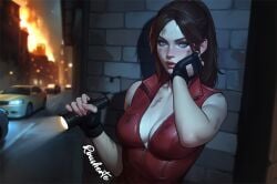 ai_assisted ai_generated blue_eyes cityscape claire_redfield cleavage dirty fingerless_gloves flashlight hand_on_own_cheek leather_jacket medium_breasts red_leather resident_evil rousherte self_upload sleeveless_jacket sweat tagme