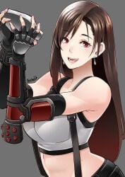 1girl :d arms_up artist_name bare_shoulders big_breasts breasts brown_hair butcha-u capcom cocktail_shaker commentary_request crop_top earrings elbow_gloves final_fantasy final_fantasy_vii final_fantasy_vii_remake fingerless_gloves gloves grey_background happy highres holding holding_cocktail_shaker jewelry large_breasts long_hair looking_at_viewer midriff open_mouth red_eyes revision signature simple_background smile solo square_enix street_fighter street_fighter_6 suspenders tactical_clothes tank_top teeth tifa_lockhart upper_body white_tank_top