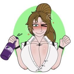 1boy 1girls acubedpersonoid between_breasts brown_hair flushed giant_breasts giantess grape_juice green_eyes huge_breasts library_of_ruina olga_(library_of_ruina) project_moon rain_(library_of_ruina) smaller_male tipsy unbuttoned_shirt white_shirt