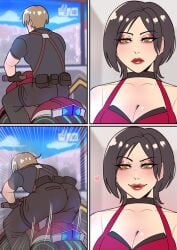 <3 1boy 1girls ada_wong ass black_hair blush brown_hair capcom choker dangerousbride dat_ass eyelashes female funny leon_scott_kennedy male narrowed_eyes red_lipstick resident_evil resident_evil_4 smile very_high_resolution