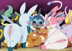 1boy 6+girls animal_focus animal_sexualization anus ass assertive_female blue_eyes blush closed_eyes commentary dagasi eevee espeon fang flareon glaceon group_sex harem hetero highres jolteon leafeon lying mating_(animal) multiple_girls nose_blush on_back open_mouth penis pokemon pokemon_(creature) purple_eyes pussy sylveon testicles trembling umbreon uncensored vaporeon white_eyes zoophilia