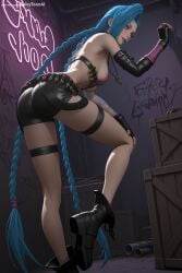 1girl absurdly_long_hair ai_generated ass bent_over bikini black_footwear black_gloves blue_hair boots braid breasts bullet elbow_gloves fingerless_gloves full_body gloves hi_res high_heels high_quality high_resolution jinx_(league_of_legends) long_hair looking_at_viewer patreon seductive sexy short_shorts shorts solo spicytoonai standing swimsuit thigh_strap twin_braids uncensored very_long_hair watermark