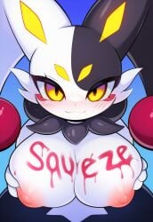 ai_generated anthro big_breasts bodypaint fuzzleedits_(artist) palworld smile yellow_eyes