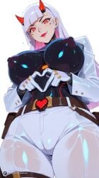 1girl ai_generated artist_name bangs belt blizzard_entertainment blunt_bangs bodysuit breasts cameltoe covered_nipples earrings from_below gloves heart heart_hands horns huge_breasts jacket jewelry large_breasts long_hair looking_at_viewer mole mole_under_eye nipples overwatch overwatch_2 overwatch_archives overwatch_league pants patreon piercing questionable red_eyes shiny shion simple_background skin_tight smile solo wet wet_clothes white_background white_gloves white_jacket white_pants