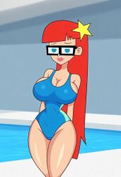 1girls ai_generated blue_eyes cartoon_network glasses imminent_sex indoors johnny_test_(series) looking_at_viewer one_piece_swimsuit pool red_hair seductive susan_test swimsuit teletoon