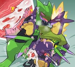 2boys absurdres anal animal_penis black_jacket blush clothes_lift commentary commission cum cum_in_ass ejaculation english_commentary erection green_shirt highres jacket kageyama_(ikagerira) looking_up male_focus male_penetrated multiple_boys no_pants penis pokemon pokemon_(creature) saliva saliva_trail sceptile second-party_source shirt shirt_lift sound_effects stomach_bulge sweat testicles tongue tongue_out toxtricity toxtricity_(amped) underwear_around_one_leg yaoi