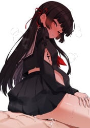 1boy 1girl black_hair black_serafuku black_shirt black_skirt blush chisa_(wuthering_waves) clothed_female_nude_male commentary cum cum_overflow girl_on_top hair_ribbon hetero jewelry kukiyuusha long_hair long_sleeves miniskirt mole mole_under_eye multiple_rings nude parted_lips pleated_skirt puffy_long_sleeves puffy_sleeves red_eyes red_ribbon reverse_cowgirl_position ribbon ring sailor_collar sailor_shirt school_uniform serafuku sex shirt simple_background skirt straddling tacet_mark_(wuthering_waves) white_background white_sailor_collar wuthering_waves