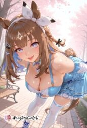 1girl ai_generated almond_eye_(umamusume) animal_ears bare_shoulders blue_dress blue_eyes blush braid breasts brown_hair cherry_blossoms cleavage dress hair_ornament horse_ears horse_girl horse_tail large_breasts leaning_forward long_hair looking_at_viewer multicolored_hair naughtygirlsai open_mouth outdoors shoes smile solo sweat tail thighhighs umamusume umamusume_pretty_derby white_thighhighs