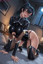 1girl ai_generated all_fours bangs bed bed_sheet black_hair black_legwear blue_eyes blush bodysuit breasts fishnets full_moon fuuma_tokiko hi_res high_quality high_resolution huge_breasts indoors kiraamane large_breasts leotard long_hair looking_at_viewer moon night night_sky ninja on_bed open_mouth parted_bangs patreon ponytail seductive sexy shiny shiny_skin smile solo thighhighs thighs uncensored watermark window