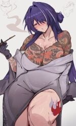 2girls absurdres acheron_(honkai:_star_rail) arnkun bare_shoulders big_breasts black_swan_(honkai:_star_rail) blush breast_tattoo breasts cleavage collarbone curvy dress female female_focus female_only gloves grey_kimono hair_bun hair_ornament hair_over_one_eye highres hips hips_wider_than_shoulders honkai:_star_rail honkai_(series) huge_breasts irezumi kimono large_breasts leg_tattoo long_hair looking_at_viewer massive_breasts mommy muscular_female muscular_thighs off-shoulder_dress off_shoulder purple_eyes purple_hair simple_background sitting smoking snake_tattoo sweat sweatdrop tattoo tattoo_sleeve thick_thighs thighs very_sweaty white_background