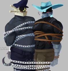 2026 2boys abs alternate_version_at_source alternate_version_available ambiguous_species bandit_(risk_of_rain) bara bear_(body_type) belly black_body black_skin blush bondage bound bound_hands bound_together bound_torso captain_(risk_of_rain) captain_hat chain_bondage chains cowboy_hat english english_text feet_out_of_frame gay grey_body hat helmet hook looking_at_another looking_at_partner male male/male male_nipples male_only masked masked_male muscles muscular muscular_male nipples no_visible_genitalia pants risk_of_rain risk_of_rain_2 rope rope_bondage shirtless six_pack standing text unseen_male_face visor yaoi