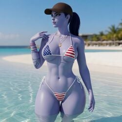 1girls ai_generated american_flag_bikini beach bikini hat overwatch overwatch_2 purple_skin tagme toned toned_female water wet wet_body widowmaker