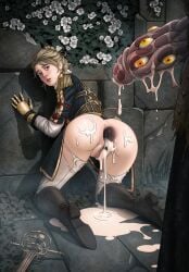 1boy 1girls after_anal after_sex after_vaginal anal_gape anus arm_wraps armor ass blonde_hair boots corset cum_drip cum_in_ass cum_in_pussy cum_inside cum_on_body cum_on_penis cum_pool cum_puddle defeated defeated_heroine dripping dripping_cum epaulettes excessive_cum eyes_on_penis female flower gape gaping gaping_anus gaping_pussy gauntlets green_eyes hair_bun hair_ornament huge_cock huge_penis knee_boots kneeling leaning_against_wall leggings light-skinned_female light_brown_hair light_skin looking_back lunele on_knees penis puddle pussy questionable_consent rapier self_upload torn_clothes torn_clothing torn_legwear uniform unnamed_character veiny_penis