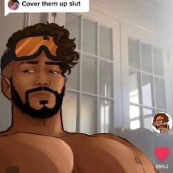 apex_legends beard black_beard black_hair chest cover_them_up_slut curly_hair goggles goggles_on_forehead goggles_on_head goggles_only male male_only meme meme_reference mirage_(apex_legends) solo solo_focus solo_male tan_body tan_skin
