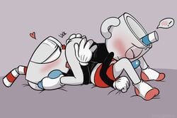 ! 2boys 69_position animate_inanimate ass blush bottomless brother brothers closed_eyes clothed clothing cuphead cuphead_(game) gay gay_sex gloves grey_background half-closed_eyes heart humanoid humanoid_on_humanoid incest legwear licking male mugman object_head oral penis sex shorts sibling side_view simple_background socks tongue tongue_out toxic-boner video_games yaoi