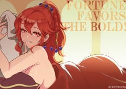 1girls anna_(fire_emblem) artist_name bed_sheet braid breasts cleavage convenient_censoring earrings english_text female female_only finger_to_mouth fire_emblem fire_emblem:_fortune's_weave grin hair_between_eyes hand_up highres indoors jewelry long_hair medium_breasts naked_sheet nintendo nude pillow pillow_grab ponytail red_eyes red_hair revolverwingstudios smile solo under_covers unfinished