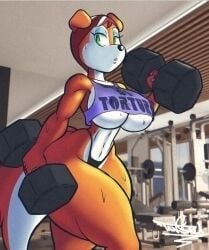 1girls anthro artist_logo artist_name artist_signature big_breasts bikini bikini_bottom black_eyelashes breasts brown_body brown_fur brown_hair canid canid_humanoid canine canine_humanoid canis clothed clothing digital_drawing_(artwork) digital_media_(artwork) dumbbell erect_nipples erect_nipples_under_clothes exercise eyelashes female female_only fluffy fluffy_tail fur furry furry_only green_eyes hi_res huge_breasts huge_hips huge_thighs long_tail looking_at_viewer mammal mammal_humanoid shirt signature small_waist swimwear tail tansau thick_thighs two-tone_body two-tone_fur wide_hips