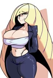 1girls arms_behind_back big_breasts black_pants black_thong blonde_hair bottomwear breasts cleavage clothing dumbwitchyy female female_only game_freak green_eyes hair huge_breasts legs long_hair lusamine_(pokemon) mature mature_female mature_woman milf mother pants pokemon pokemon_sm smile solo solo_female thighs thong topwear tubetop