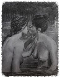 2girls abigail_marston breasts female female_only kissing lesbian mary_linton nipples nude red_dead_redemption_(series) red_dead_redemption_2 tagme_(artist) topless traditional_media_(artwork)