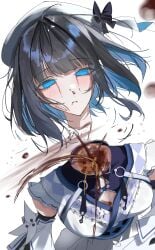 1girl absurdres black_bow black_hair blood blood_from_eyes blood_on_face blue_eyes blue_hair blunt_bangs blush bow censored colored_inner_hair commentary decapitation detached_sleeves empty_eyes guro hair_intakes hat hat_bow highres mahou_shoujo_no_inshuu_mura mikage_rizu mosaic_censoring multicolored_hair parted_lips shirt short_hair simple_background sleeveless sleeveless_shirt solo sugararu upper_body white_background white_hat white_shirt white_sleeves