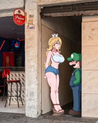 1boy 1girls alley alleyway_milf_(meme) blonde_hair blue_eyes blue_overalls blue_shorts blush booty_shorts breasts brown_hair cleavage clothing crown duo ear_piercing eye_contact facial_hair female full_body green_hat green_shirt hat height_difference high_heels light-skinned_female light-skinned_male light_skin long_hair looking_at_another luigi male male/female mario_(series) mature mature_female mature_male meme nintendo outdoors overalls princess princess_rosalina renzzo rosalina royalty sexy shirt shoes short_hair shorter_male shorts smile taller_female voluptuous voluptuous_female