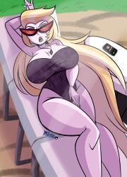 1girls arm_up beach_chair big_breasts blonde_hair breasts cleavage eyeshadow eyewear female female_only hair hazbin_hotel hips huge_breasts legs lilith_morningstar_(hazbin_hotel) mature mature_female mature_woman milf mother necklace neckwear on_back phone purple_swimsuit solo solo_female sunglasses swimsuit swimwear table thighs yinseiryu