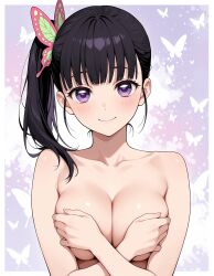1girls abstract_background ai_generated black_hair breasts butterfly_hair_ornament covered_nipples demon_slayer female female_only kimetsu_no_yaiba nude ponytail purple_eyes side_ponytail solo topless tsuyuri_kanao