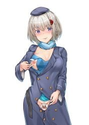 beret blonde_hair blush bob_cut braid cleavage female female_only hairclip hairless_pussy hat looking_at_viewer medium_breasts nipple no_panties nursing_clothes object_between_thighs open_clothes purple_eyes pussy scarf short_hair smile solo uniform warship_girls_r