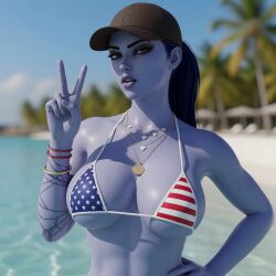 1girls ai_generated american_flag_bikini beach bikini hat overwatch overwatch_2 peace_sign purple_skin tagme toned toned_female water wet wet_body widowmaker