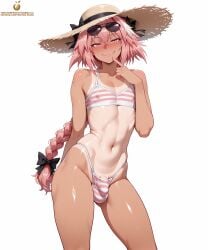 1boy ai_generated astolfo_(fate) bikini bikini_bottom bikini_top blank_background braided_hair bulge coy fate_(series) femboy femboy_focus femboy_only feminine_male hair_between_eyes hair_ribbon long_hair looking_at_viewer male male_focus male_only otoko_no_ko otokonoko penis_bulge pink_eyes pink_hair pose posing posing_for_the_viewer sexy sexy_pose small_penis smug solo solo_femboy solo_focus solo_male sun_hat sunglasses swimsuit tagme tan_body tan_skin tanline tanlines tanned_skin teasing teasing_viewer twistedpeach two-tone_hair white_background white_hair