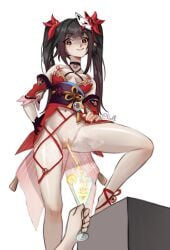 1girls 2d boobs_out bottomless girl honkai:_star_rail honkai_(series) pee peeing peeing_in_cup peeing_into_container peeing_standing_up piss pissing sparkle_(honkai:_star_rail) urination urine