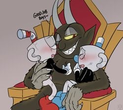 4_fingers animate_inanimate blush bottomless brother brothers brown_fur closed_eyes clothed clothing cuphead cuphead_(game) demon dialogue english_text fur gay_domination gay_sex gloves grin group horn humanoid humanoid_on_humanoid larger_male male mugman object_head one_eye_closed open_mouth penis questionable_consent red_eyes sibling sitting size_difference smaller_male smile tears text the_devil_(cuphead) toxic-boner video_games yaoi