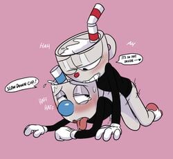 2boys all_fours anal anal_sex animate_inanimate blush bottomless brother brothers clothed clothing cuphead cuphead_(game) dialogue doggy_style english_text from_behind_position gay gay_sex gloves grin heart humanoid humanoid_on_humanoid incest legwear male male_penetrating moan mugman object_head one_eye_closed panting penetration penis pink_background sex sibling simple_background smile socks text tongue tongue_out toxic-boner video_games yaoi