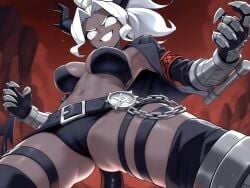 1girls ai_generated armpits demon demon_girl demon_horns demon_tail female female_only helltaker horns judgement_(helltaker) solo solo_female white_eyes white_hair